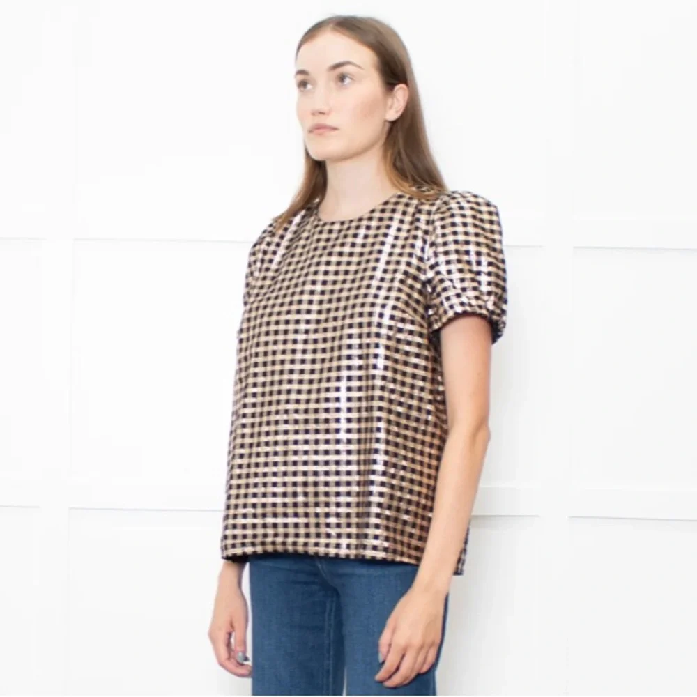 J. Crew Lurex Metallic Gold & Black Plaid Puff Sleeve Top, Size Medium, NWT - Picture 13 of 16